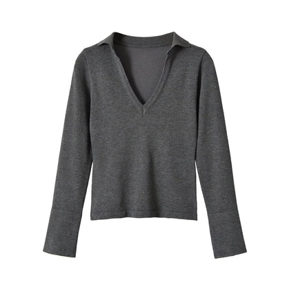 Versatile casual cuff button V-neck knitted sweater for women