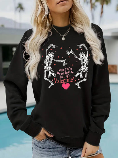Skeleton print round neck fleece hoodie for women