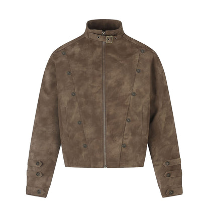 Faux Suede Metal Button Stand Collar Cropped Motorcycle Jacket for Unisex