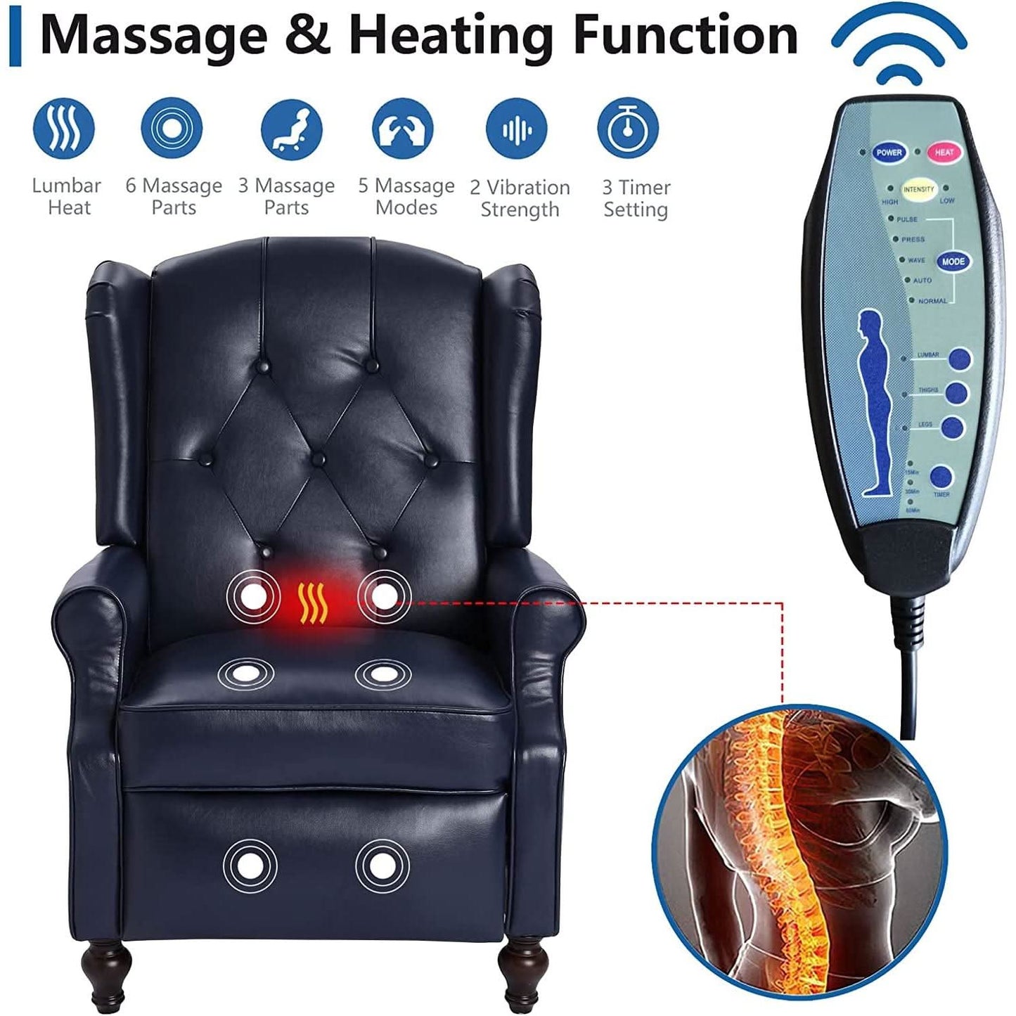 Wingback Recliner Chair With Massage Function PU Leather
