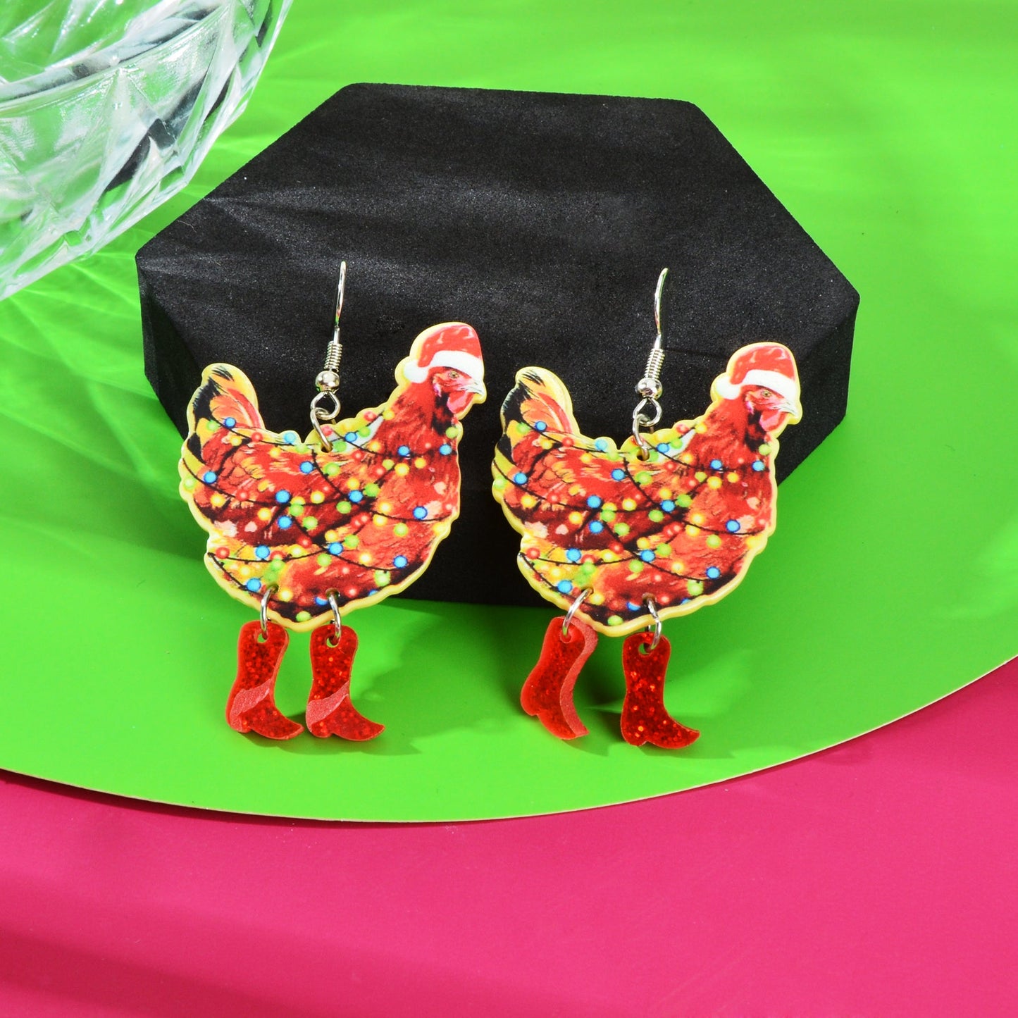 1pair Christmas Coloured Lights Decor Red Big Cock Acrylic Dangle Earrings Women Festival Jewelry