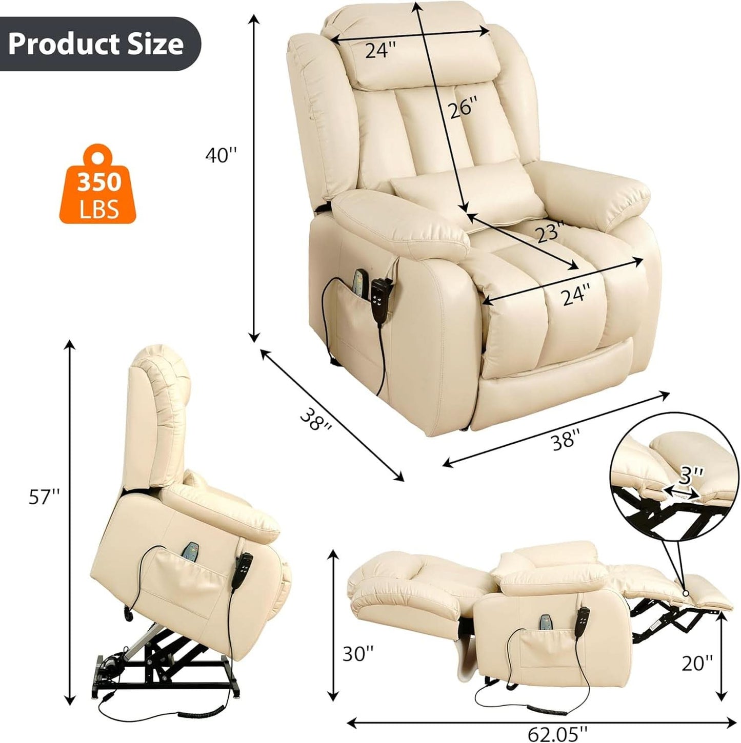 Large Reclining Lift Chair With Dual Motor Massage