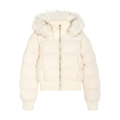Padded Jacket with Fur Collar and Hood, Short Loose Unisex Winter Coat