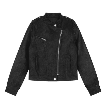 Faux Leather Asymmetric Zipper Stand Collar Cropped Loose Motorcycle Jacket