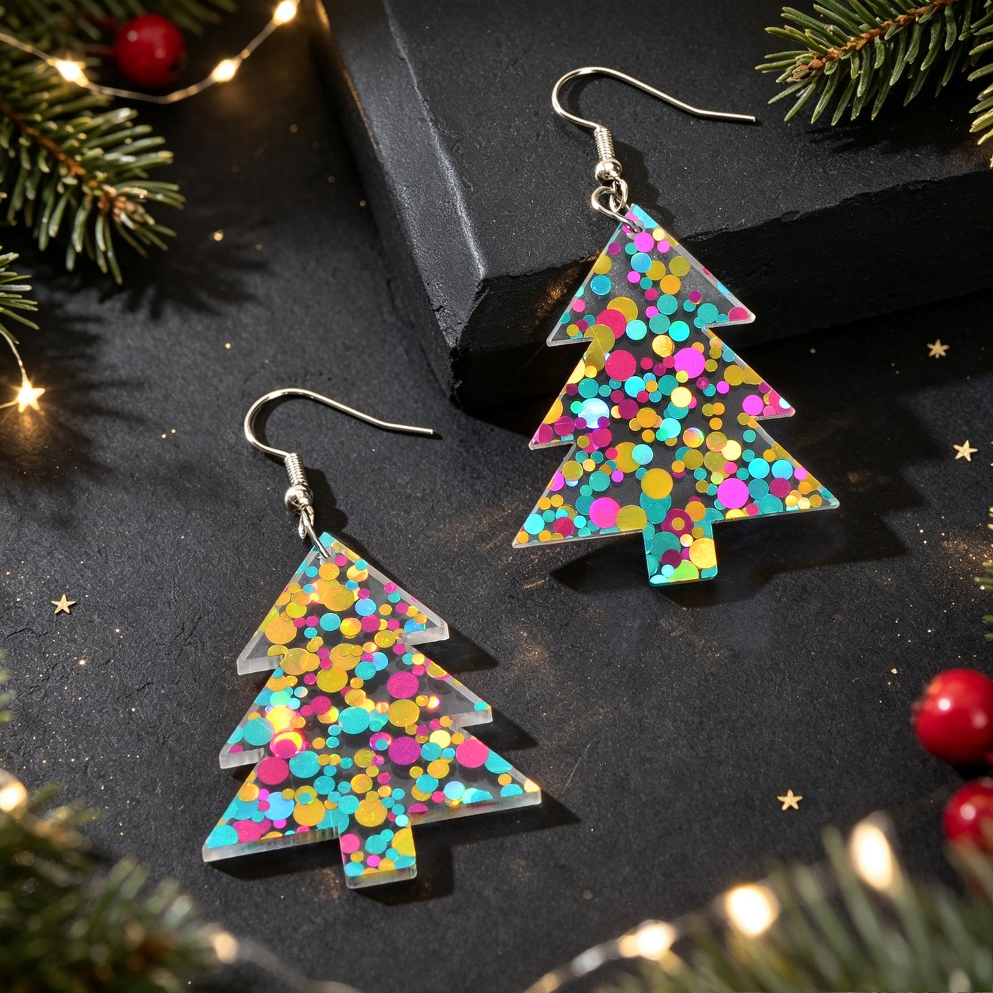 Glitter Colorful Christmas Tree Acrylic Dangle Earrings Cute Festival Party Jewelry