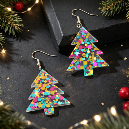 Glitter Colorful Christmas Tree Acrylic Dangle Earrings Cute Festival Party Jewelry