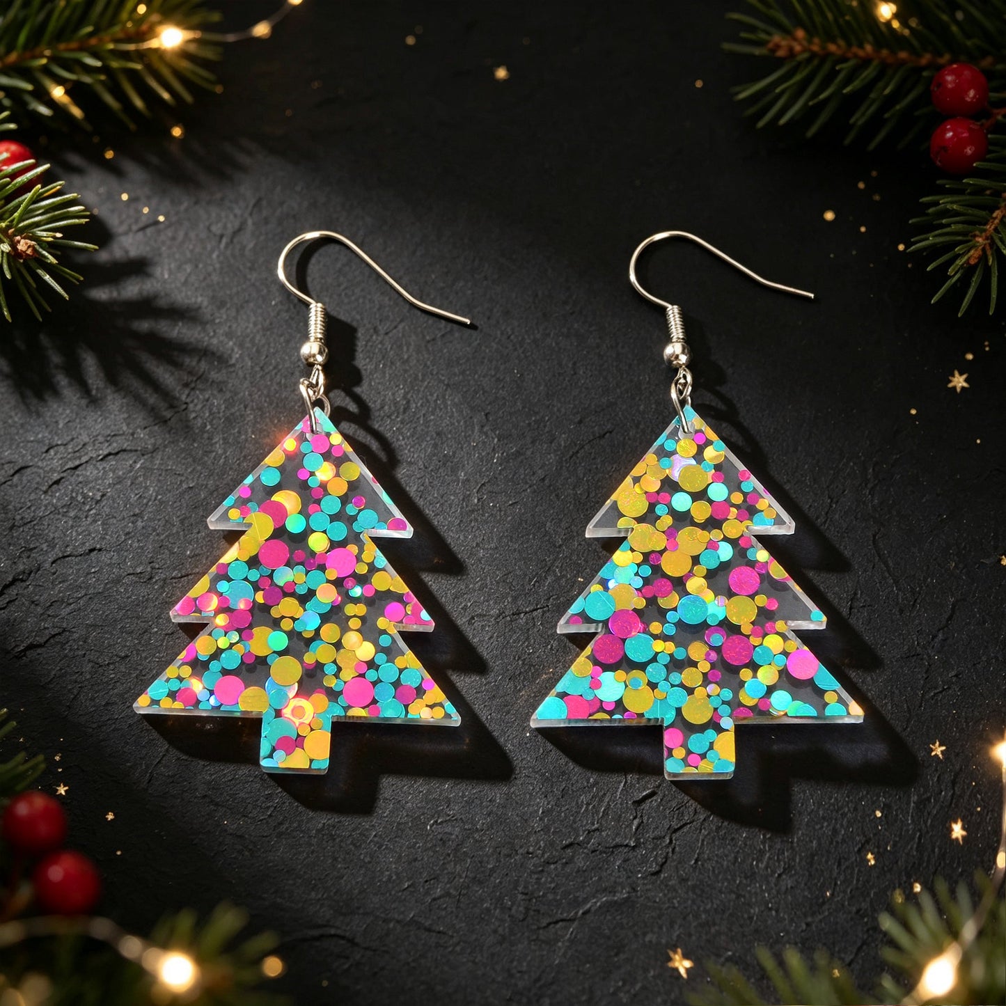 Glitter Colorful Christmas Tree Acrylic Dangle Earrings Cute Festival Party Jewelry