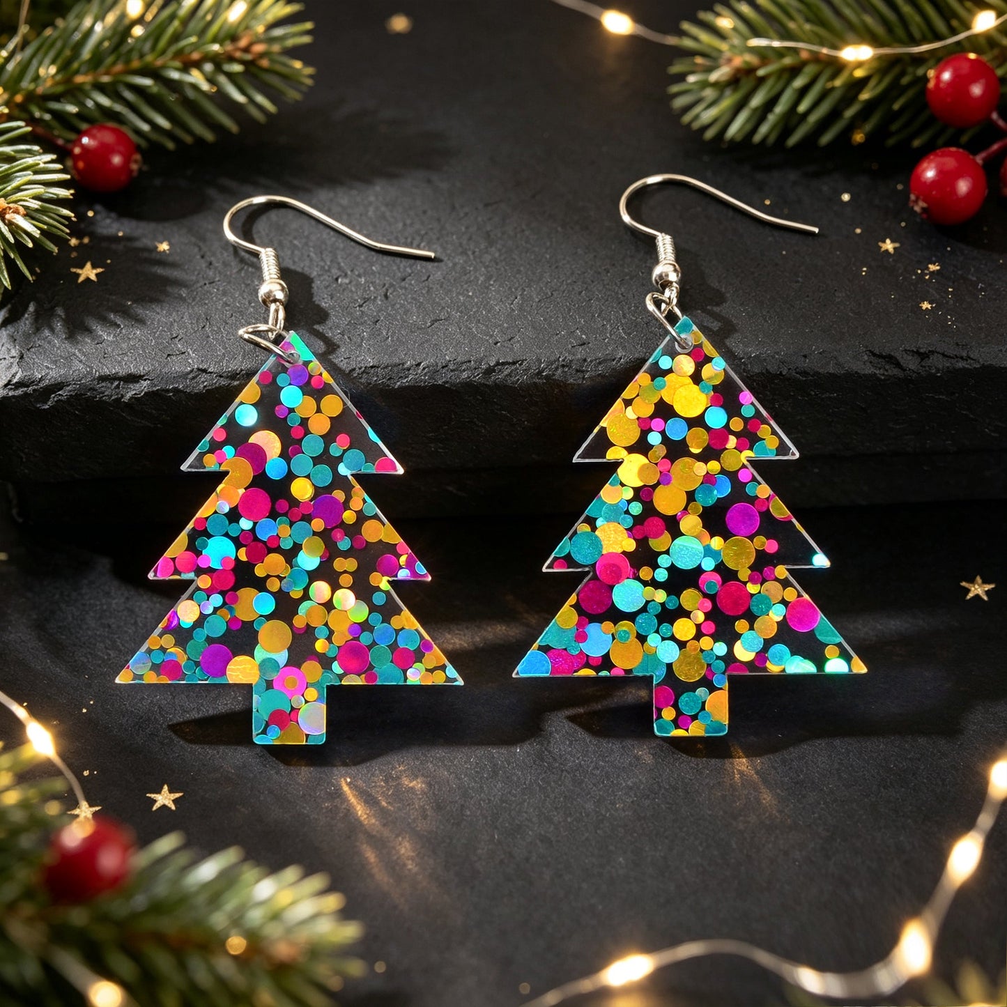 Glitter Colorful Christmas Tree Acrylic Dangle Earrings Cute Festival Party Jewelry