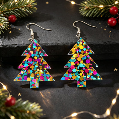 Glitter Colorful Christmas Tree Acrylic Dangle Earrings Cute Festival Party Jewelry