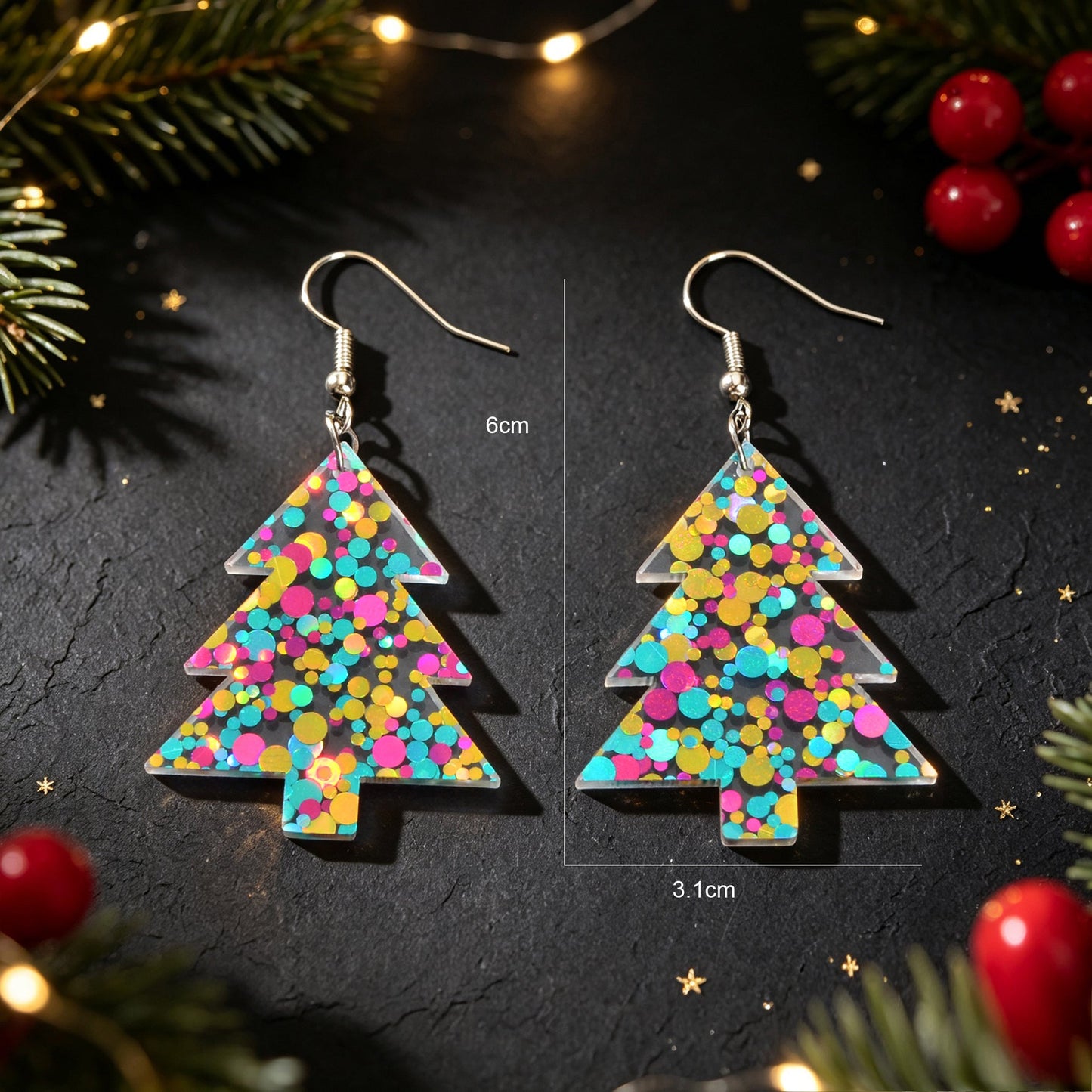 Glitter Colorful Christmas Tree Acrylic Dangle Earrings Cute Festival Party Jewelry