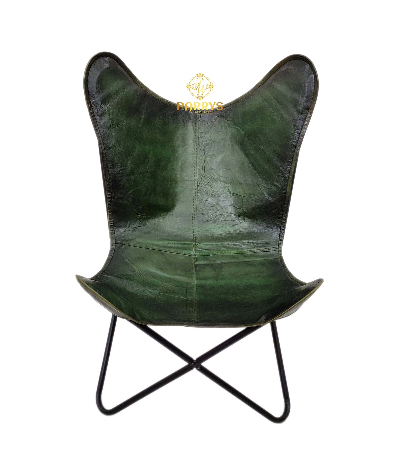Vintage Olive Green Leather Butterfly Chair with Ottoman