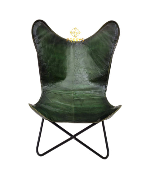 Vintage Olive Green Leather Butterfly Chair with Ottoman