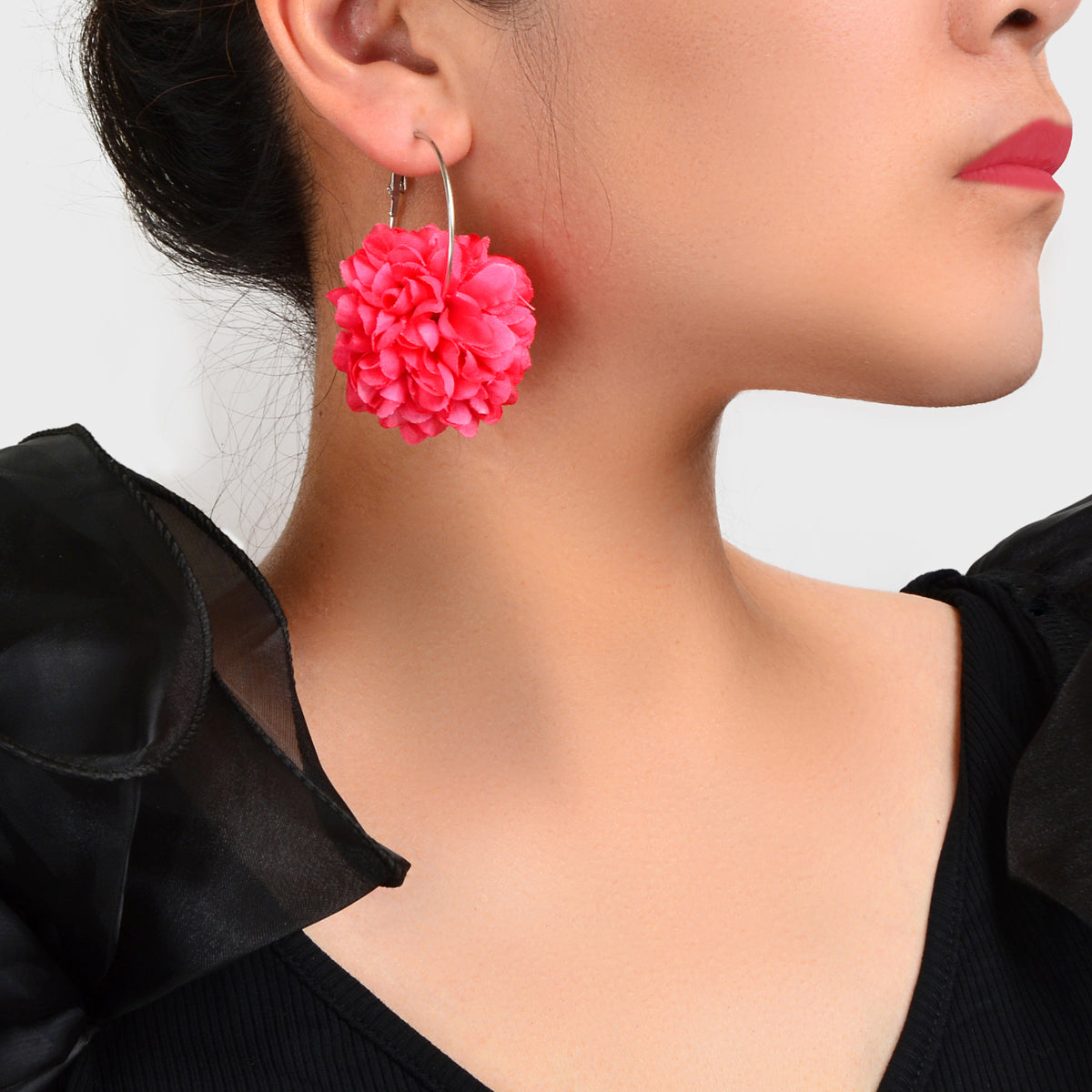 Yellow Hotpink Chiffon Blossom Flower Floral Dangle Hoop Earrings Wedding Gift