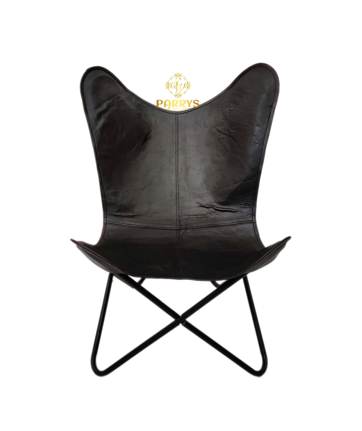 Vintage Black Leather Butterfly Chair with Ottoman