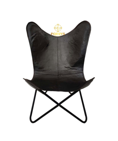 Vintage Black Leather Butterfly Chair with Ottoman