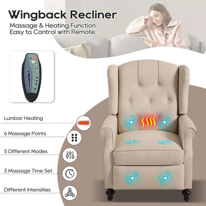 Vintage Wingback Recliner Chair With Massage And Heat