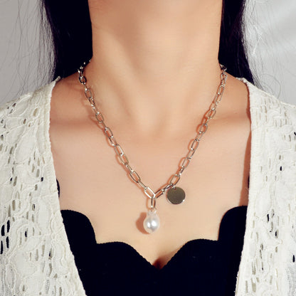 Trendy Jewelry Silver Chain Pearl Disc Charm Necklace Party Decoration for Women