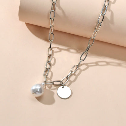 Trendy Jewelry Silver Chain Pearl Disc Charm Necklace Party Decoration for Women