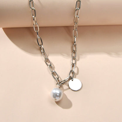 Trendy Jewelry Silver Chain Pearl Disc Charm Necklace Party Decoration for Women
