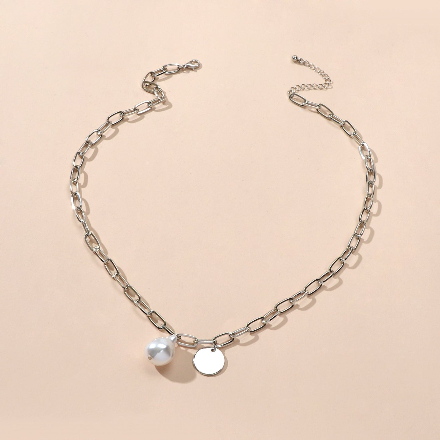 Trendy Jewelry Silver Chain Pearl Disc Charm Necklace Party Decoration for Women