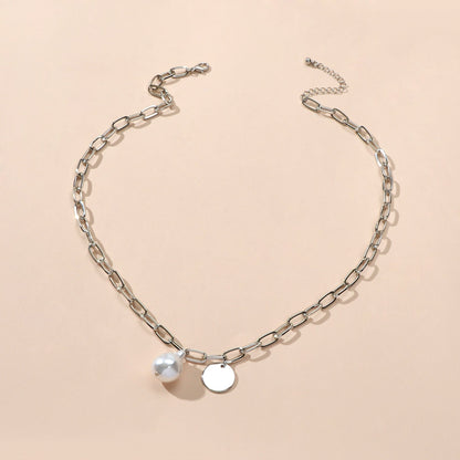 Trendy Jewelry Silver Chain Pearl Disc Charm Necklace Party Decoration for Women