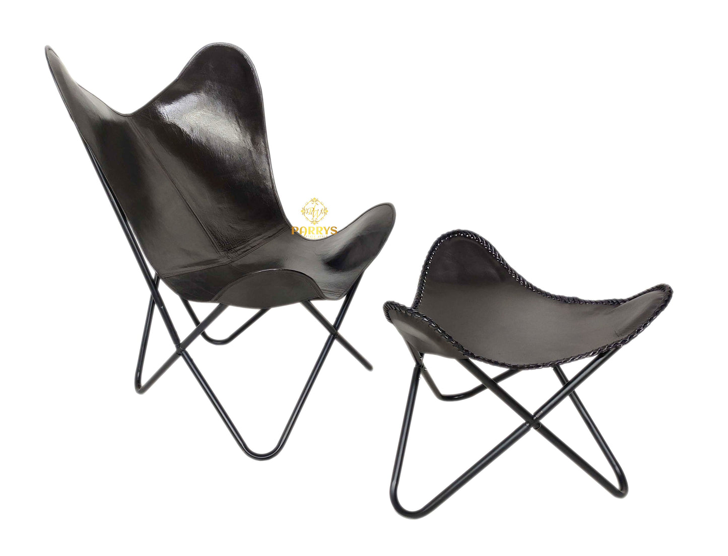 Vintage Black Leather Butterfly Chair with Ottoman