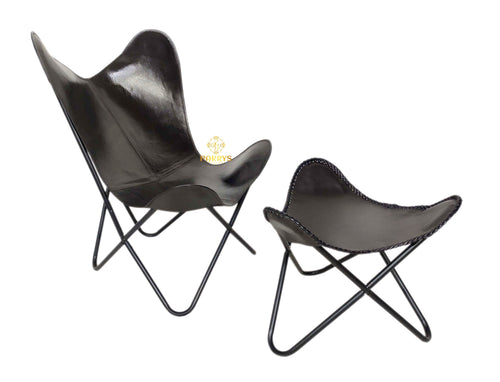 Vintage Black Leather Butterfly Chair with Ottoman