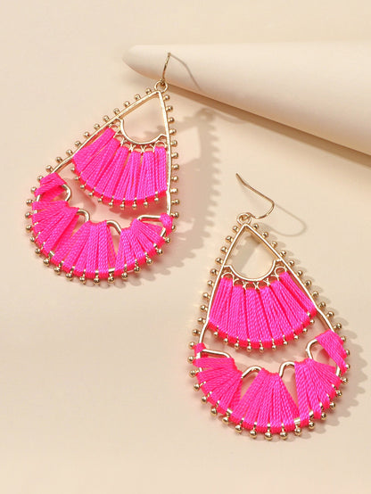 Indian Traditional Handmade Braided Beige Hotpink Ethnic Water Drop Earrings
