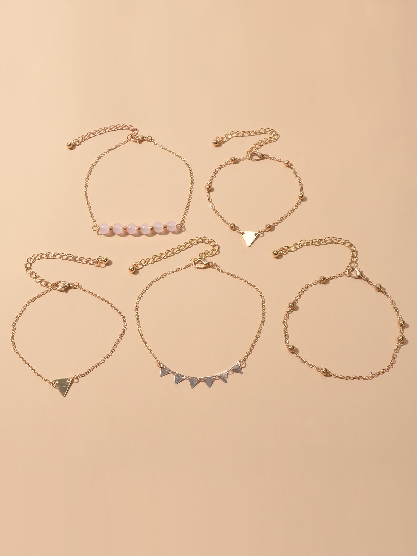 5pcs Gold Color Chain Pink Beads Triangle Decor Bracelet set Boho Chic Jewellery