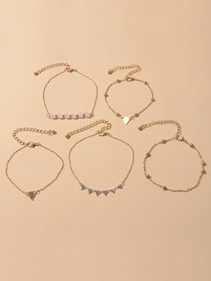 5pcs Gold Color Chain Pink Beads Triangle Decor Bracelet set Boho Chic Jewellery