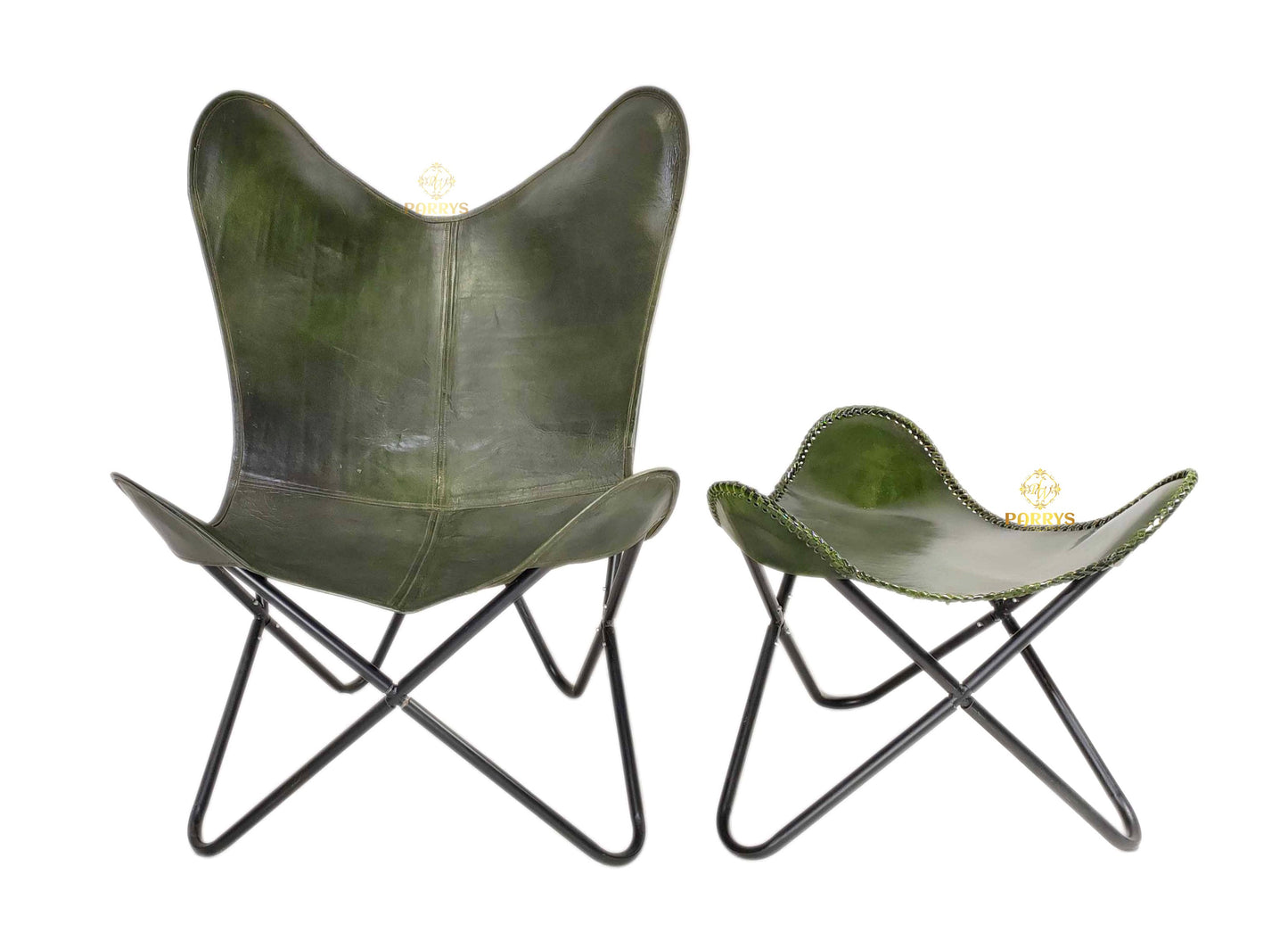 Vintage Olive Green Leather Butterfly Chair with Ottoman