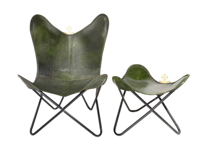 Vintage Olive Green Leather Butterfly Chair with Ottoman