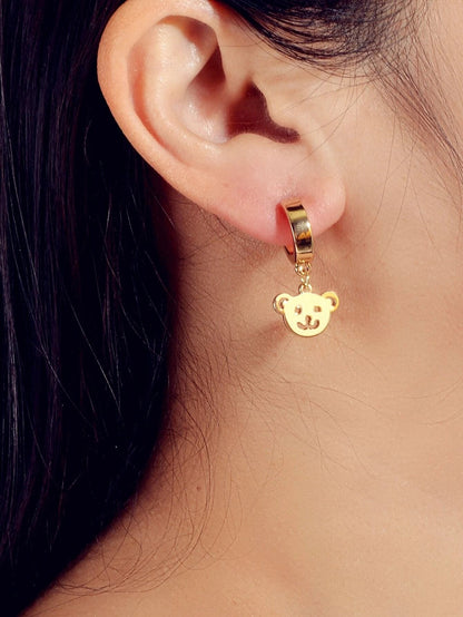 Gold Bear Hoop Drop Earrings Women Cartoon Stud Cute Gift Teens Textured Jewelry