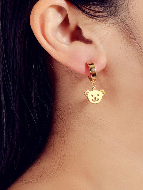 Gold Bear Hoop Drop Earrings Women Cartoon Stud Cute Gift Teens Textured Jewelry