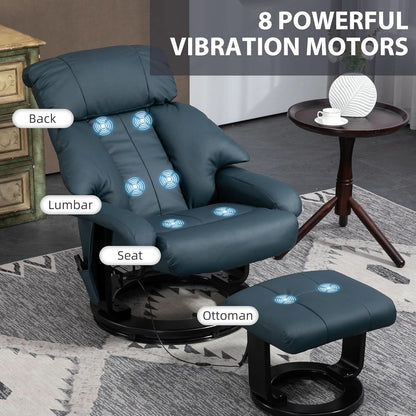 Blue Massage Recliner Chair With 360 Swivel Ottoman