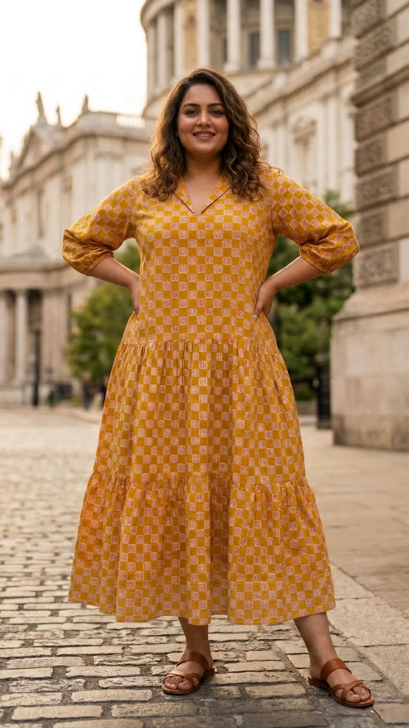 Plus Size Mustard Checks Printed Cotton Tiered Midi Dress for Women – Trending Casual Wear
