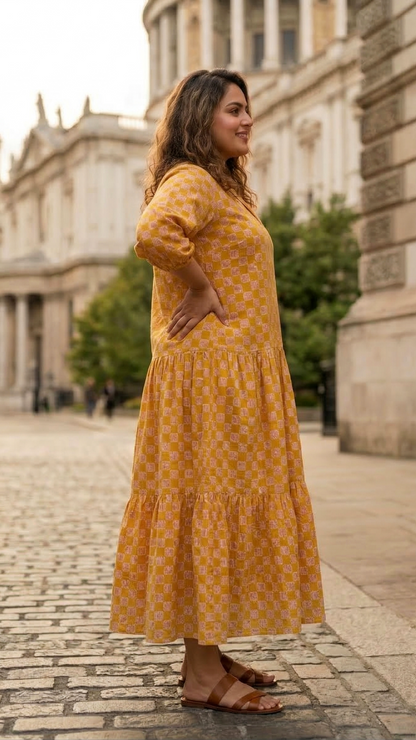 Plus Size Mustard Checks Printed Cotton Tiered Midi Dress for Women – Trending Casual Wear
