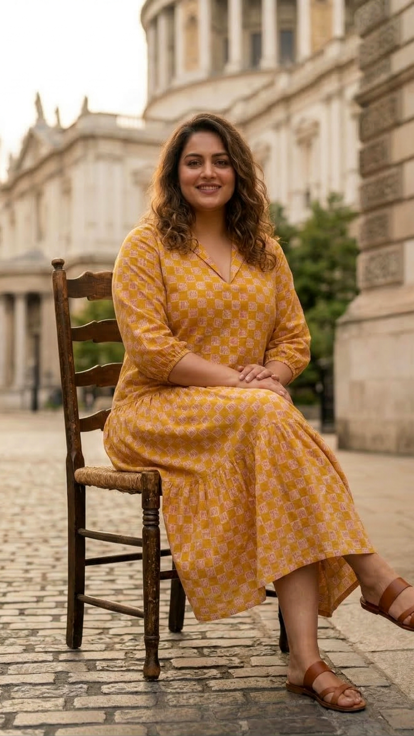 Plus Size Mustard Checks Printed Cotton Tiered Midi Dress for Women – Trending Casual Wear