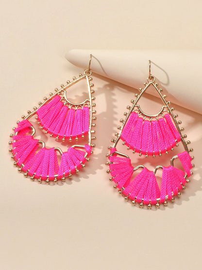 Indian Traditional Handmade Braided Beige Hotpink Ethnic Water Drop Earrings