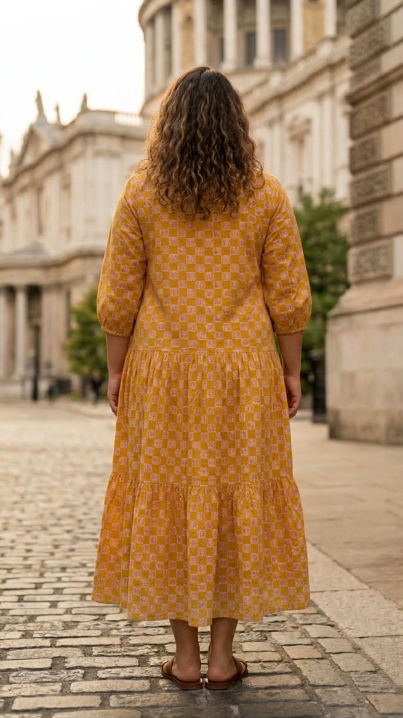 Plus Size Mustard Checks Printed Cotton Tiered Midi Dress for Women – Trending Casual Wear