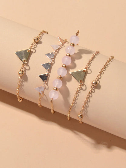 5pcs Gold Color Chain Pink Beads Triangle Decor Bracelet set Boho Chic Jewellery
