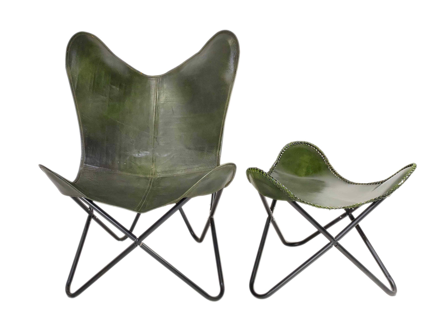 Vintage Olive Green Leather Butterfly Chair with Ottoman