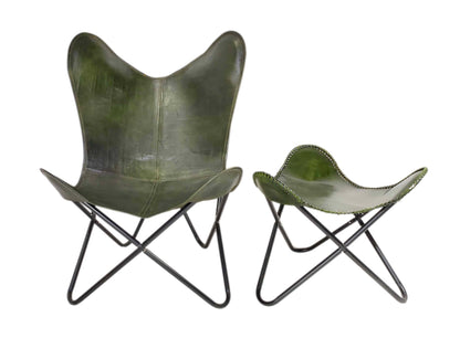 Vintage Olive Green Leather Butterfly Chair with Ottoman