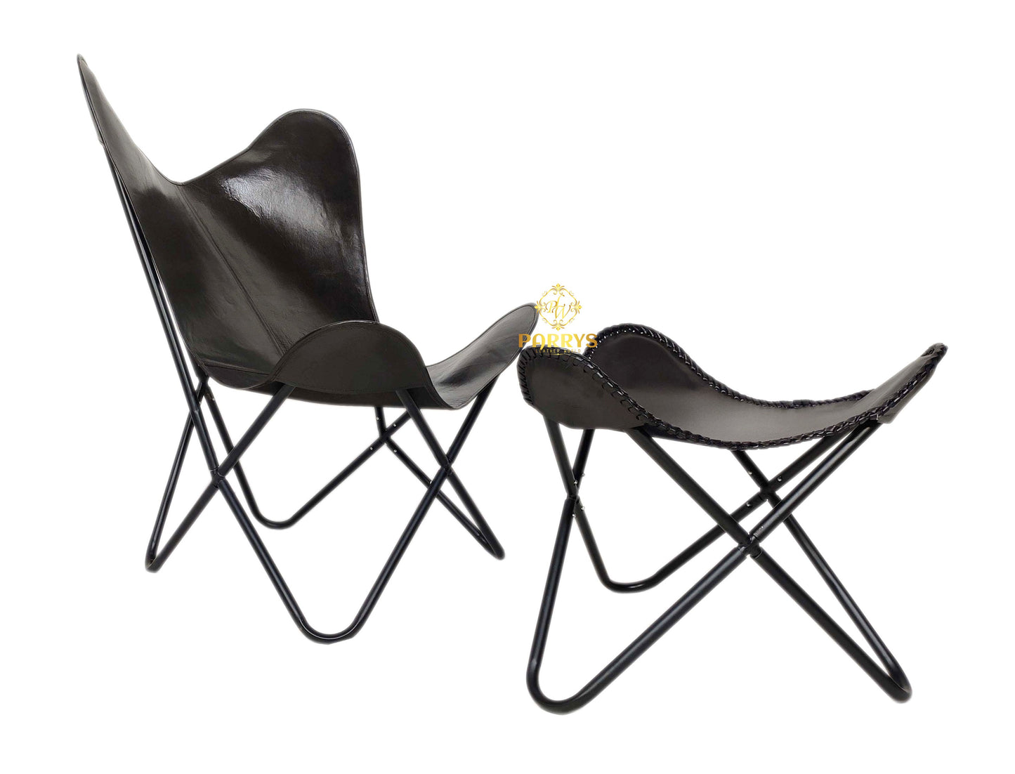 Vintage Black Leather Butterfly Chair with Ottoman