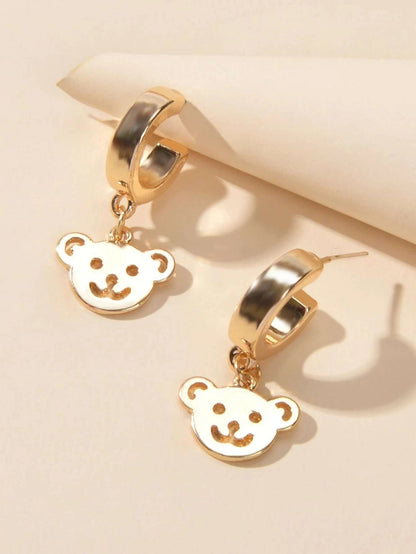 Gold Bear Hoop Drop Earrings Women Cartoon Stud Cute Gift Teens Textured Jewelry