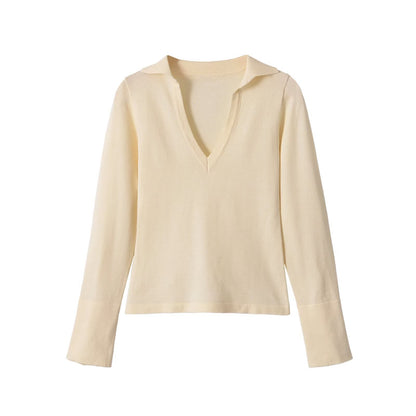 Versatile casual cuff button V-neck knitted sweater for women