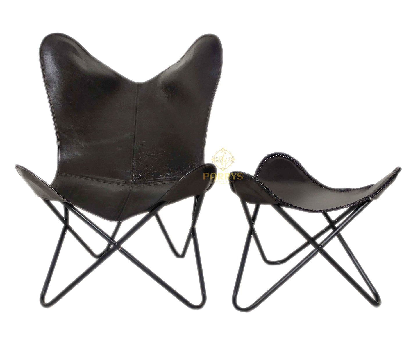 Vintage Black Leather Butterfly Chair with Ottoman