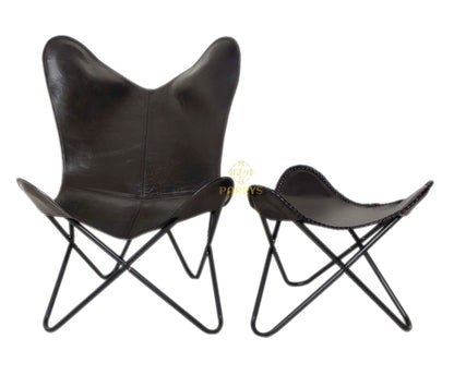 Vintage Black Leather Butterfly Chair with Ottoman