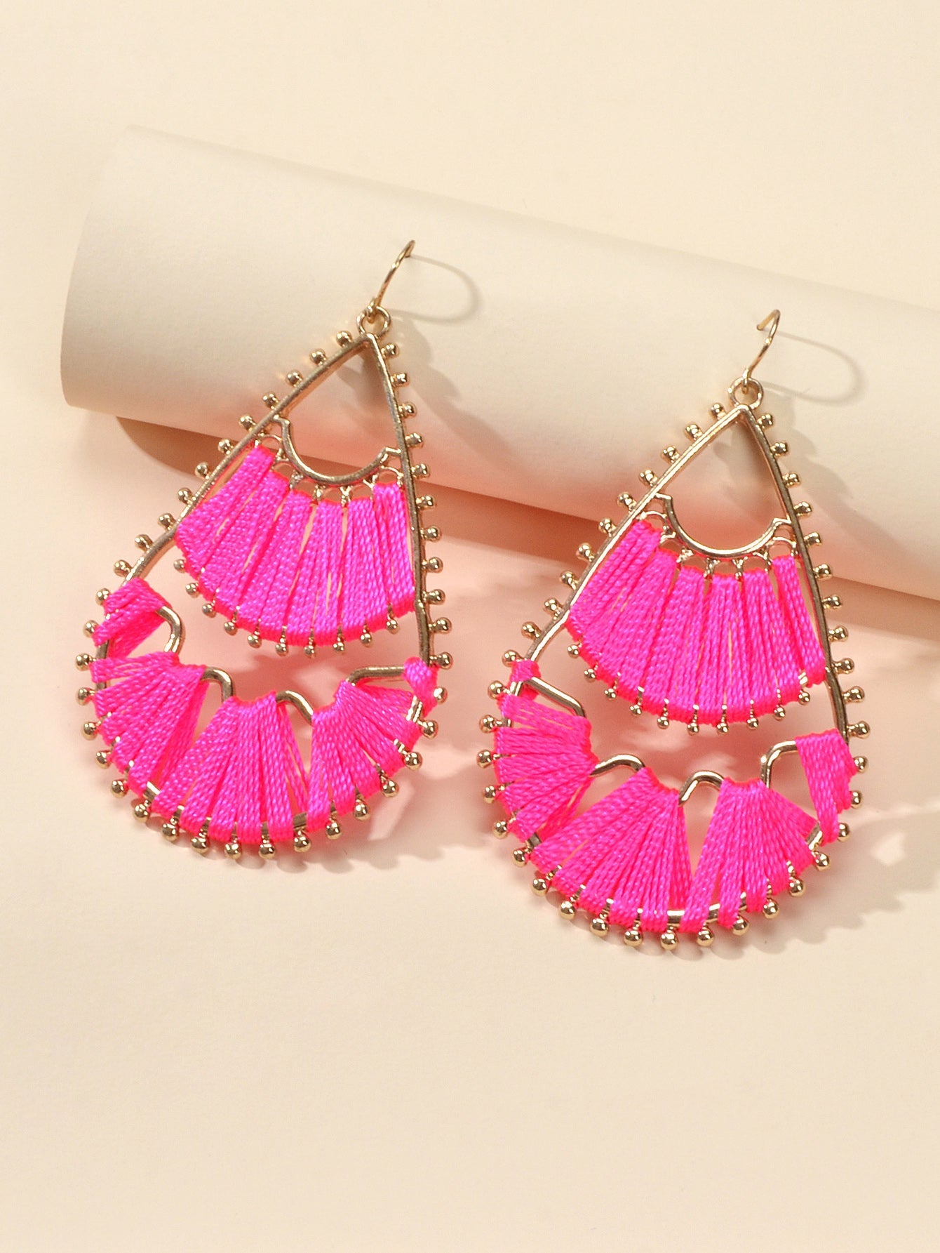 Indian Traditional Handmade Braided Beige Hotpink Ethnic Water Drop Earrings