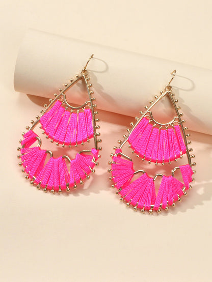 Indian Traditional Handmade Braided Beige Hotpink Ethnic Water Drop Earrings